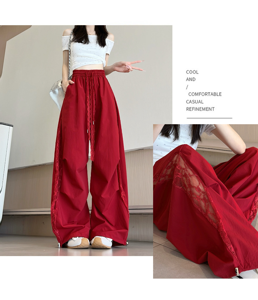 夏季薄款百搭蕾丝工装裤女2025新款镂空拼接宽松阔腿直筒裤子详情10