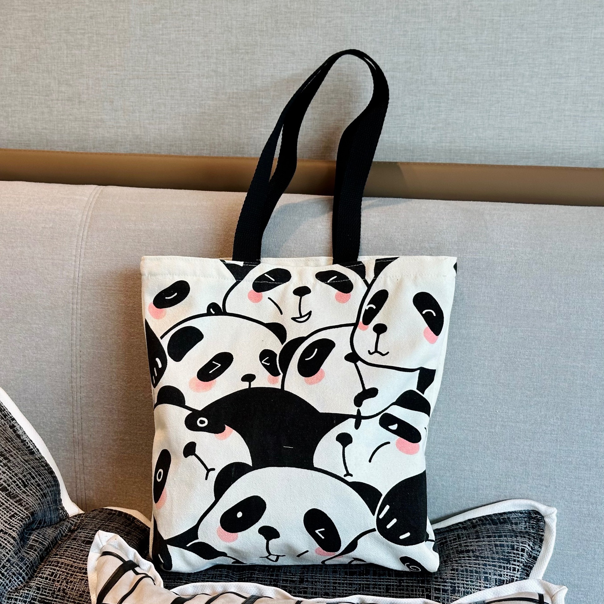 Cute panda hand-held canvas bag, simple and versatile, artistic Instagram single-shoulder bag, shopping and travel bag for female students and mothers pic 11