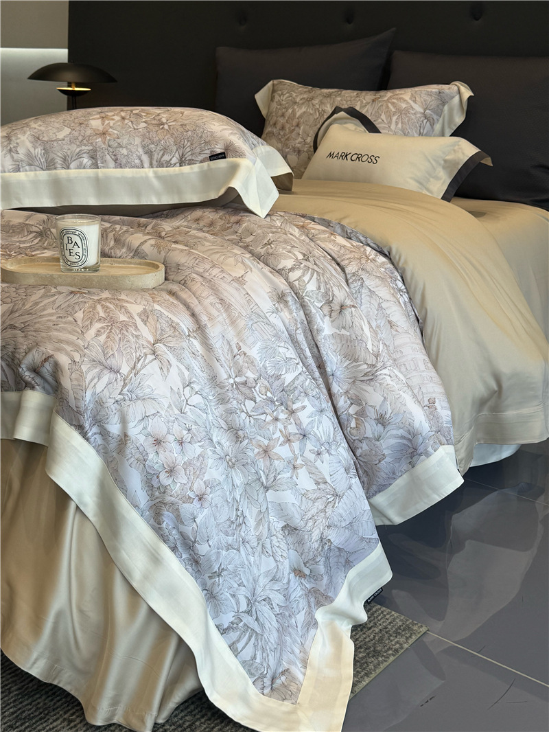 Cool ultra-fine denier Tencel summer light and cool condensation filament four-piece set, elegant printed sweat-absorbing nude bedding pic 50