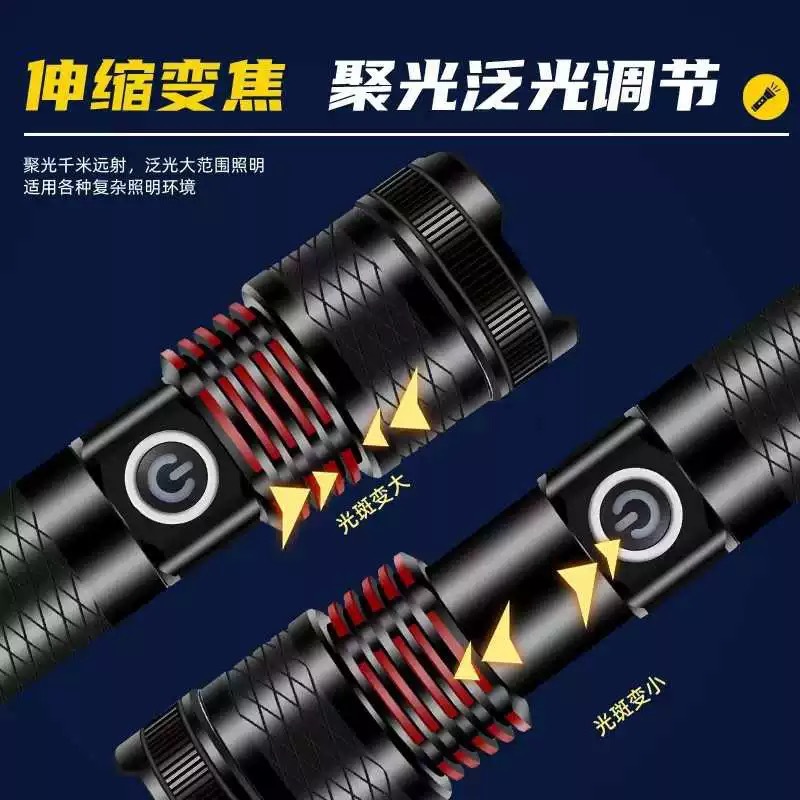 跨境户外强光手电筒铝合金探照TYPE-C充电伸缩变焦应急防水手电详情9