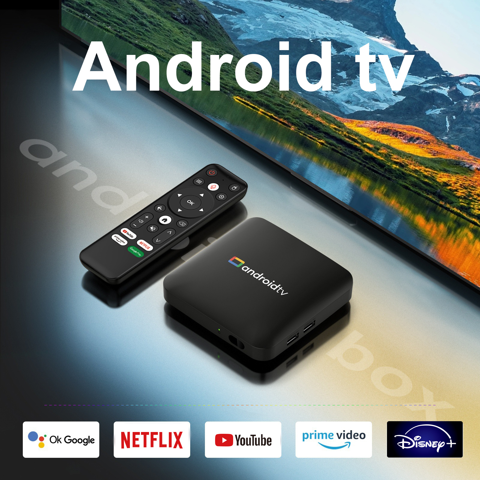 Новый внешнеторговый TVBOX плеер AndroidTV 4K hd network bluetooth дистанционно управляемый pic 2