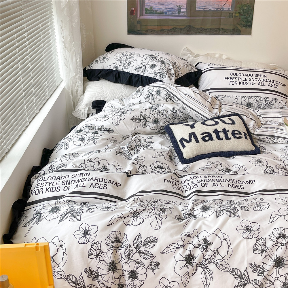 French Hepburn style pure cotton four-piece set, high-end feel, pure cotton black and white sketch flower duvet cover, all-cotton edge bedding pic 18