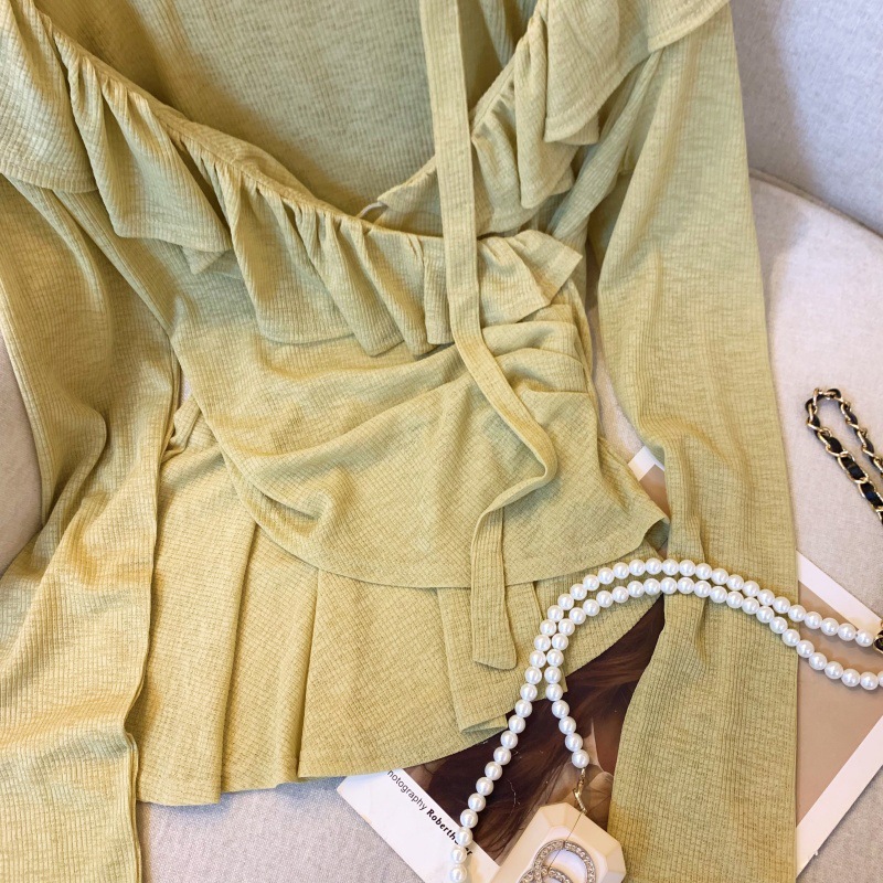 实拍~纯欲甜美荷叶边飘带一字肩收腰褶皱天丝上衣不规则衬衫详情19