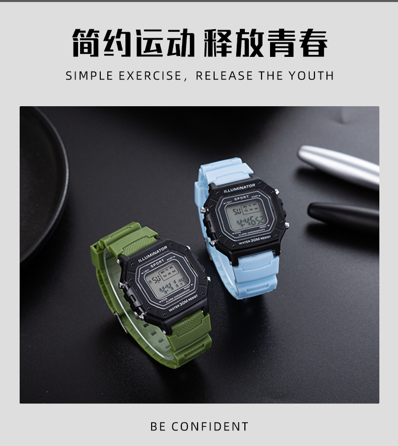 跨境小方块学生手表时尚潮流男士运动防水夜光表休闲运动手表详情4