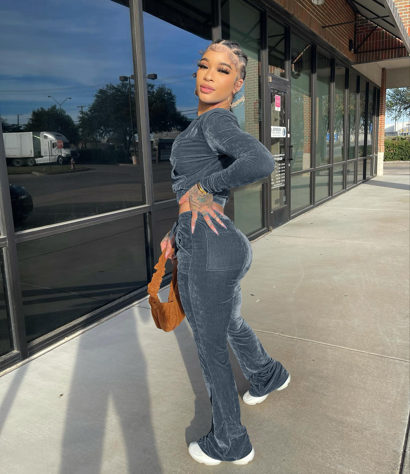 Solid color gold velvet wide-leg pants two-piece set pic 31