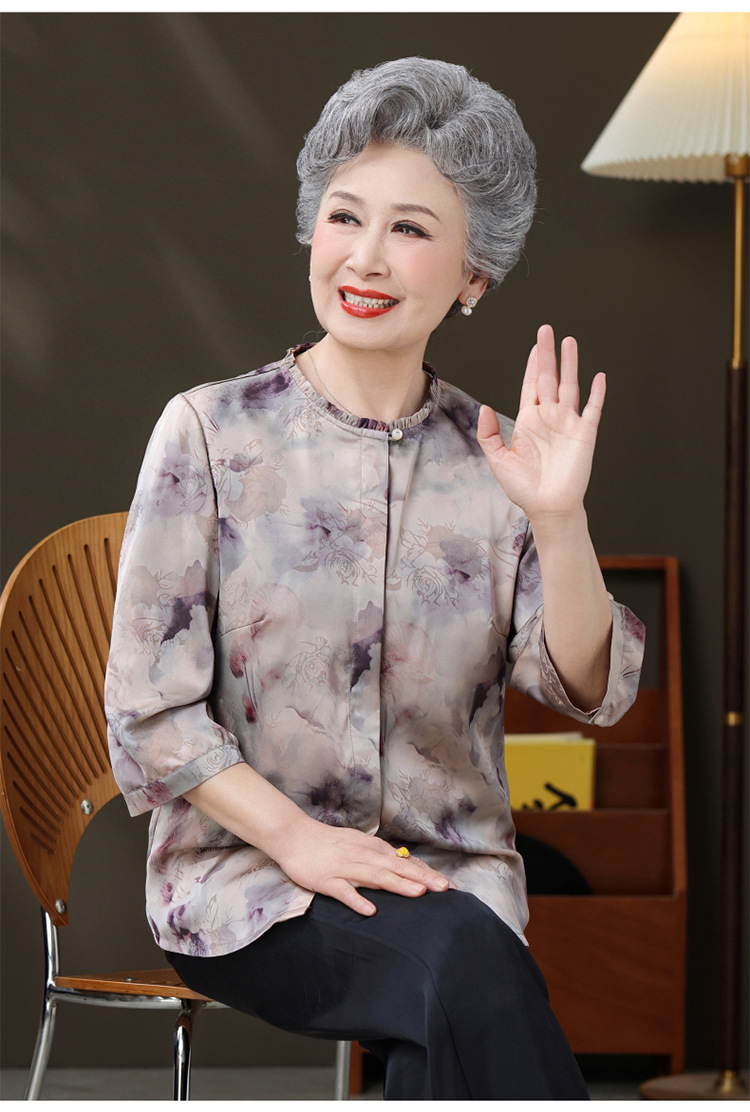 国潮新款妈妈装夏季衬衫中老年人女装上衣国风立领七分袖印花衬衣详情6