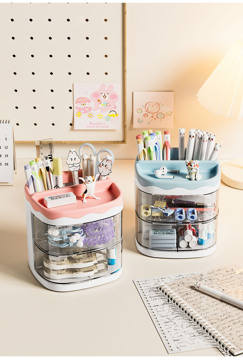 Cartoon-style new mini desktop storage box, rotating cosmetics, office stationery, makeup storage rack, home pic 10