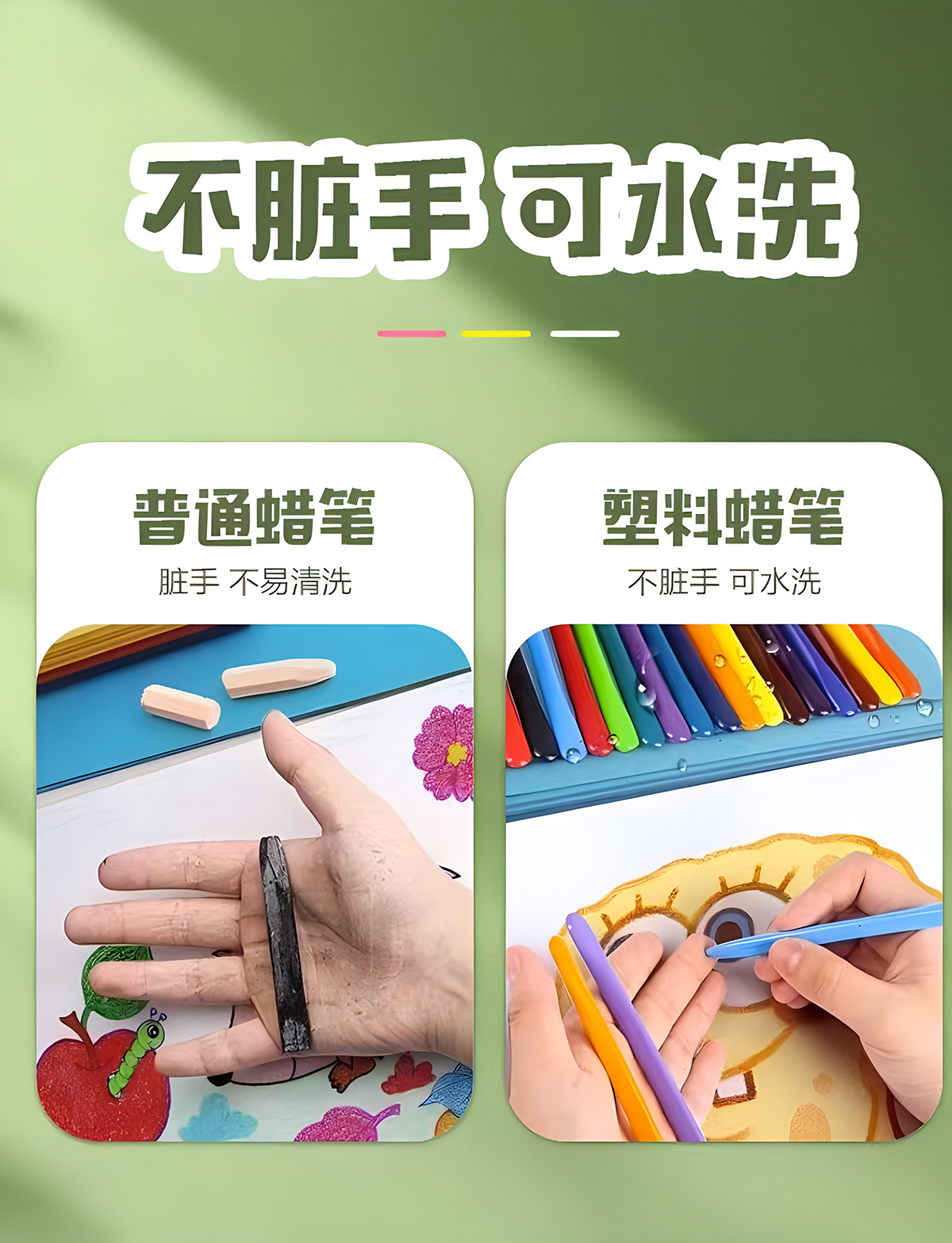 跨境儿童彩绘蜡笔彩色不脏手蜡笔36色12色水洗可擦三角杆蜡笔套装详情5