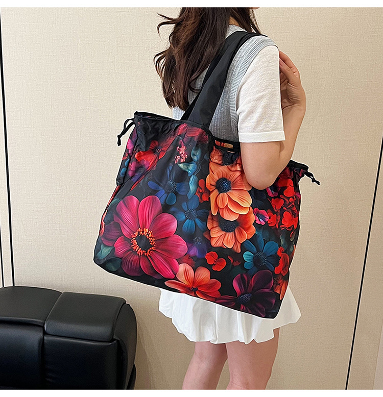大容量花朵印花单肩包防水购物袋尼龙外出托特包时尚复古手提包详情18