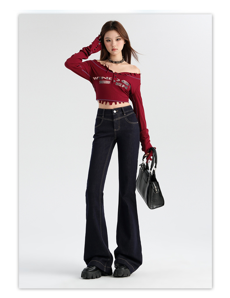 浅蓝色微喇叭牛仔裤女2025年秋季新款高腰设计感弹力小个子喇叭裤详情23