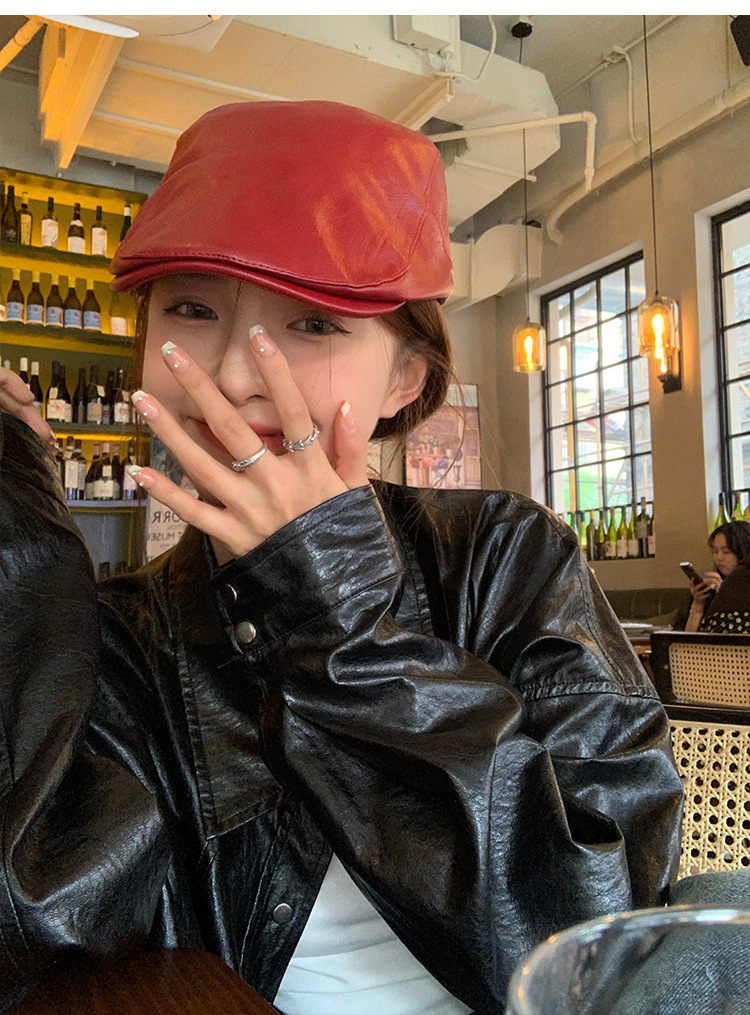 Red retro leather front hat, Korean style versatile duck tongue beret, fashionable newsboy cap, face-showing small hat pic 4