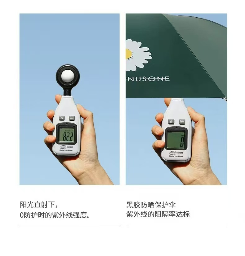 Three-fold small Daisy umbrella factory wholesale black rubber sun protection and UV protection folding umbrella, all-weather and all-weather sunshade umbrella for women pic 2