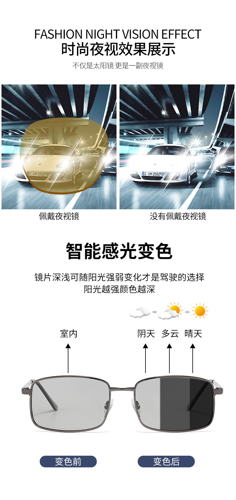 2023夏季变色偏光太阳镜男士开车夜视眼镜黑色金属墨镜批发厂家详情3