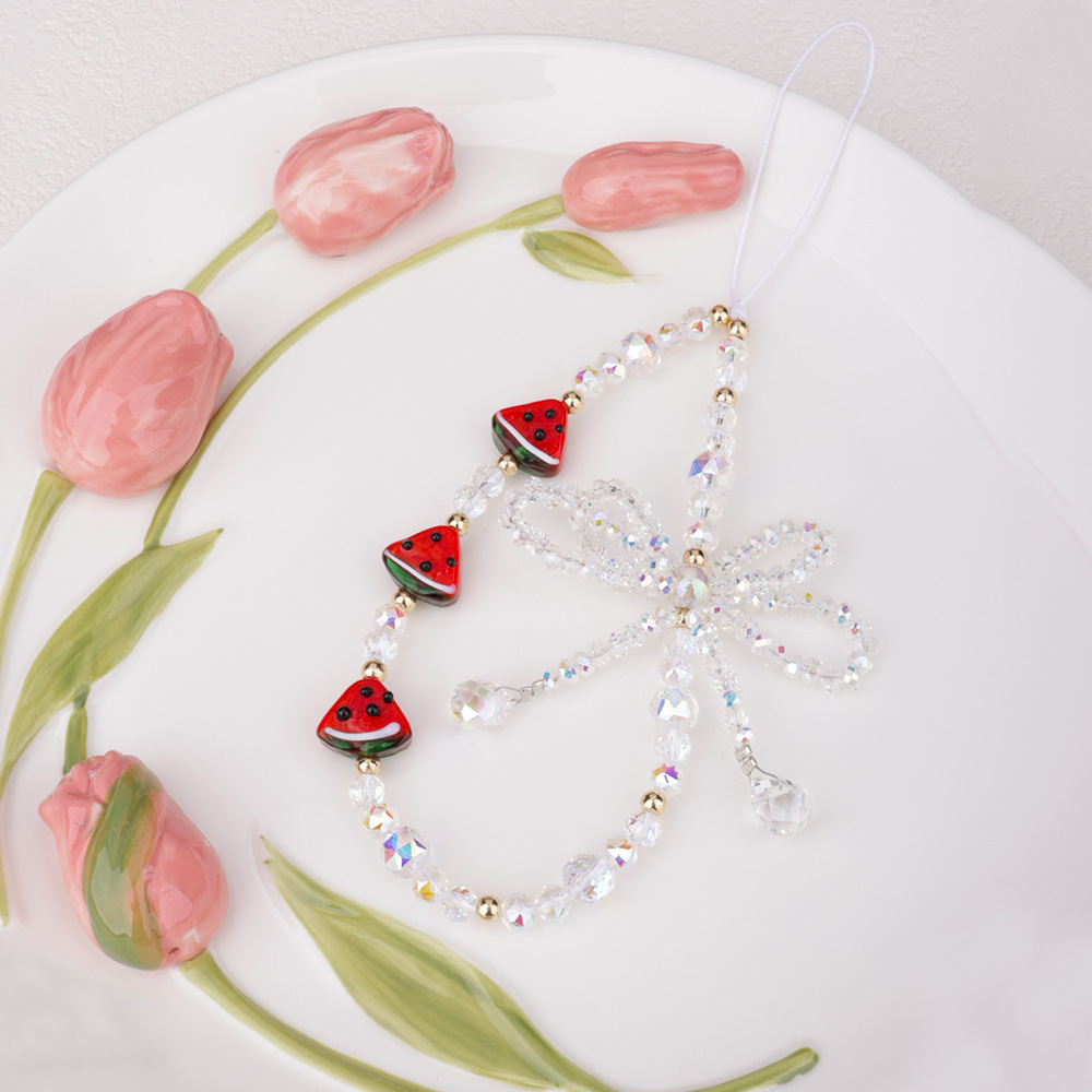 New cute glass strawberry watermelon phone chain, pink bow, beaded phone case, pendant, lanyard and pendant pic 5