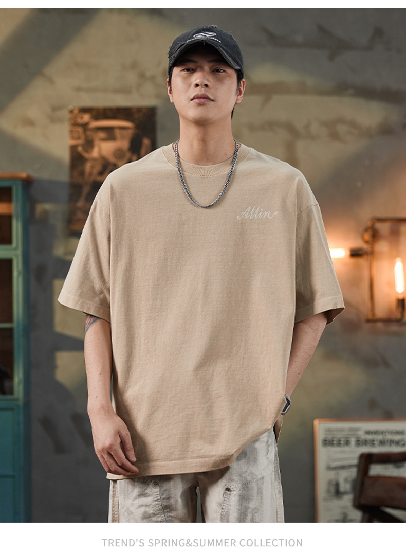 ALLIN pure cotton heavy-duty short-sleeved T-shirt for men, a summer trendy brand with three-dimensional printed letters and loose round-neck couple tops pic 27