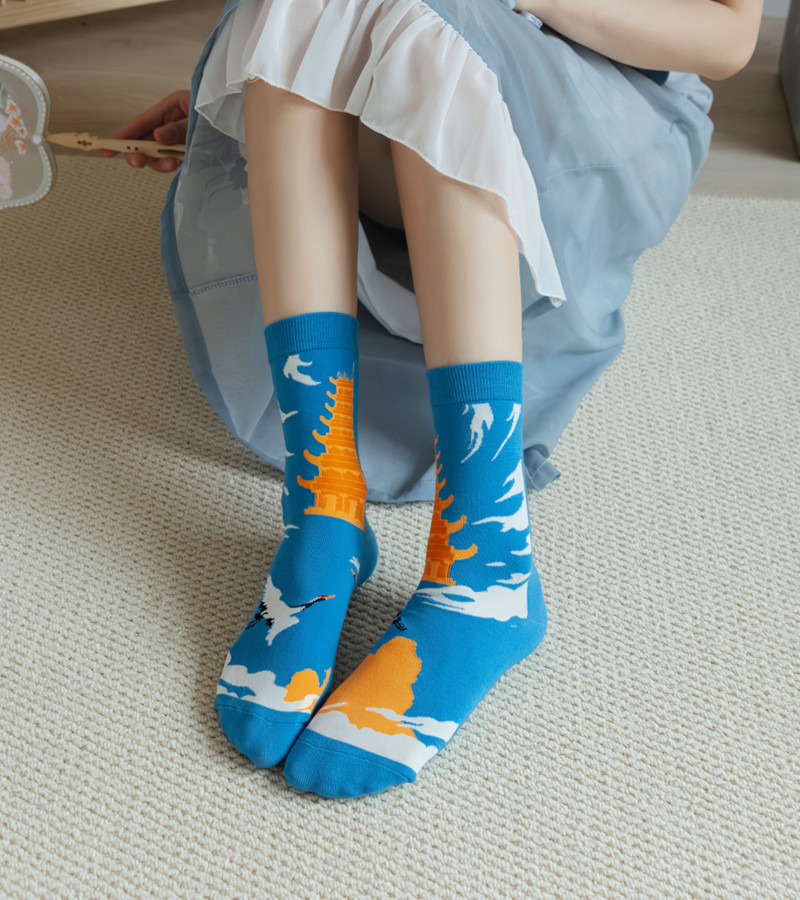 国潮袜子女原创设计古风水墨画AB鸳鸯女棉袜敦煌飞天白蛇传潮流中筒袜详情35