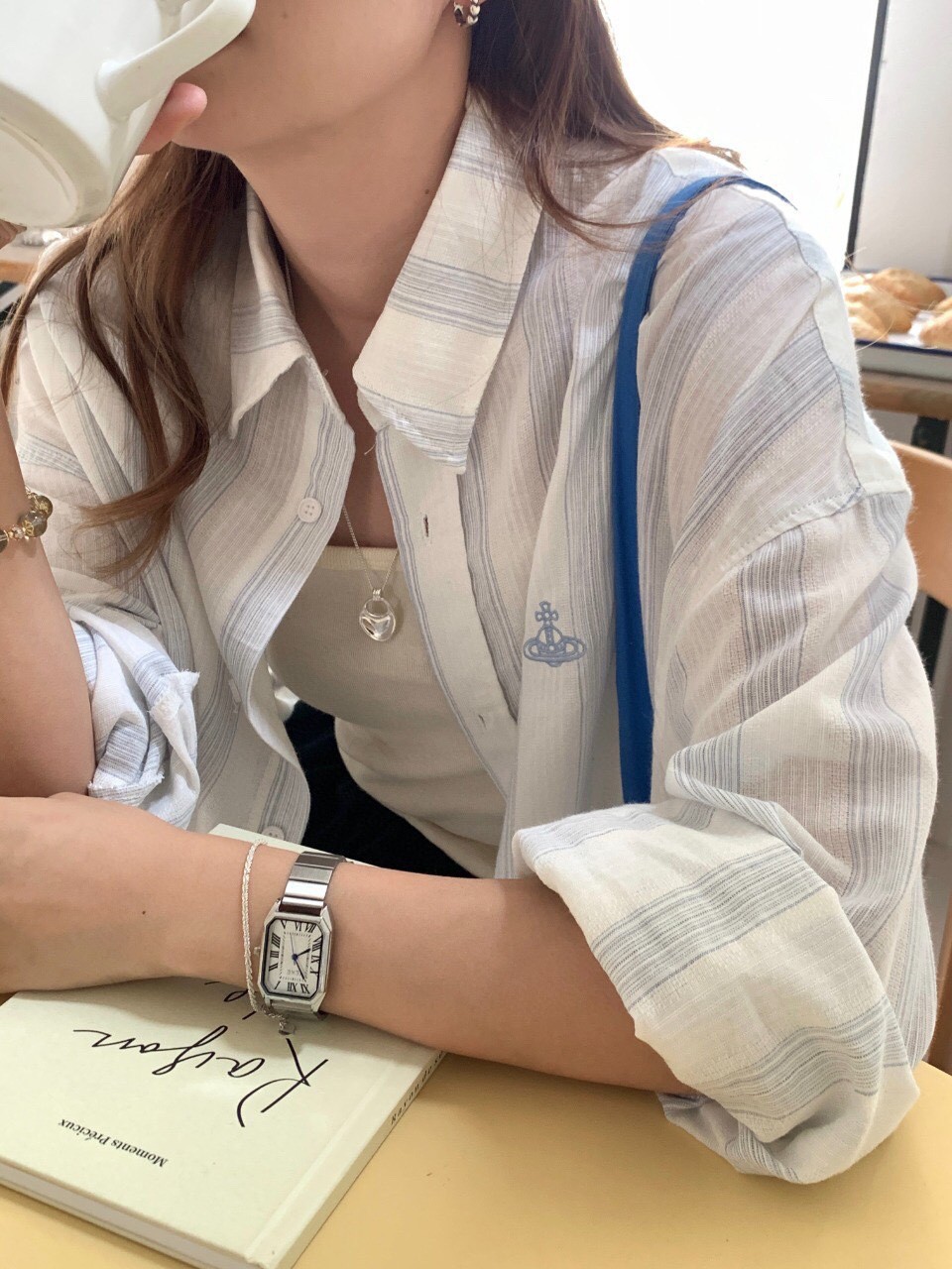 西太后亚麻衬衫土星刺绣竖条纹防晒衬衫女中长款宽松显瘦韩版衬衣详情9