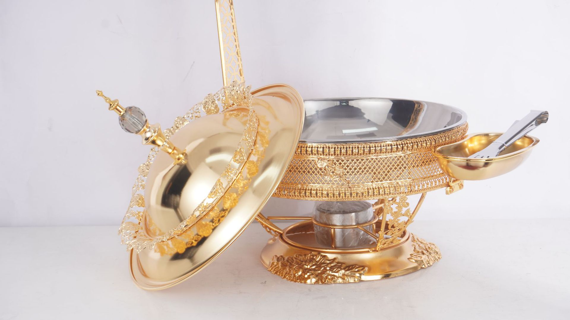 圆形豪华金色花边不锈钢酒精炉酒店餐厅自助餐炉可吊盖食物保温炉详情7