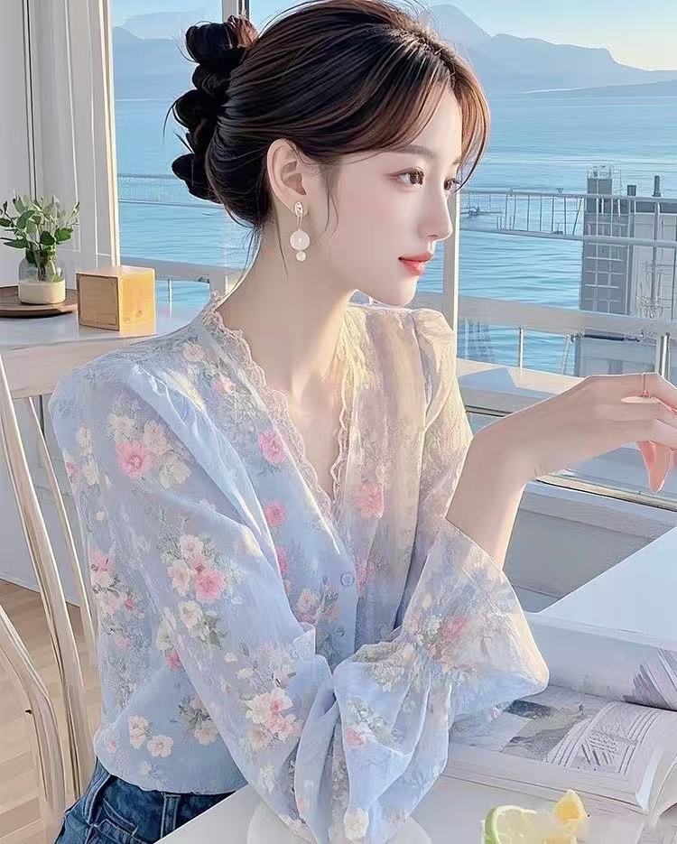 法式高级感蓝色碎花长袖雪纺衬衫女春季新款轻奢洋气漂亮绝美上衣详情2