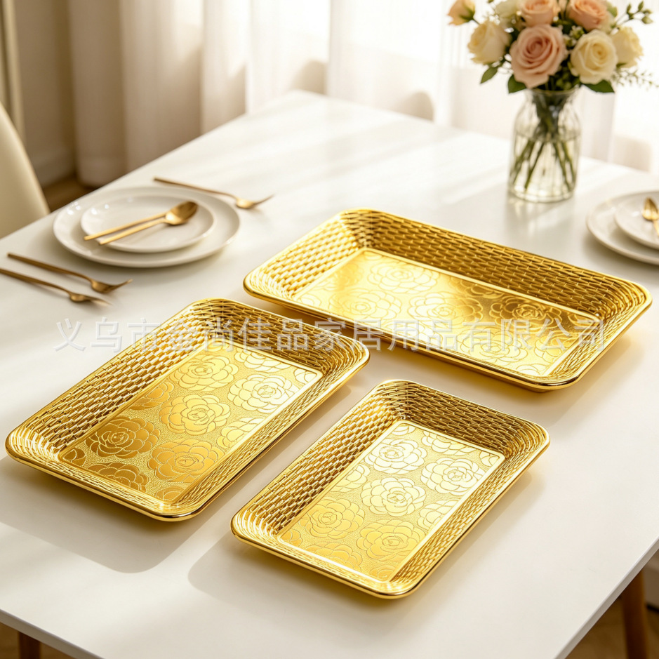 Light luxury golden plating disk, rose woven pattern fruit plate, household living room tea and snack plate wholesale pic 2