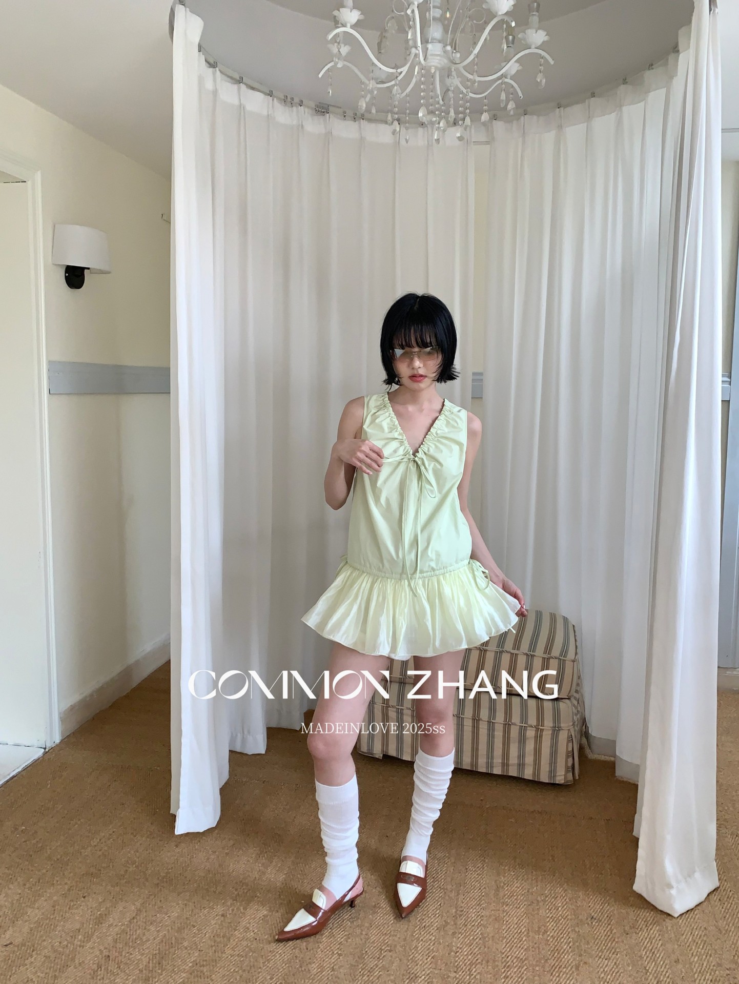 CZ ZHANG Summer French mint Manbo V-neck lace-up Youthful A-line puffed vest dress for women, B23782 pic 7