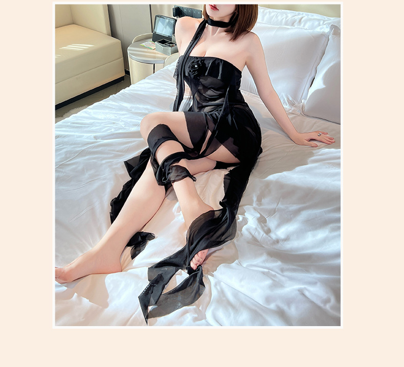 菲韵挂脖网纱飘带性感睡裙多色透视诱惑修身设计女士情趣睡衣975详情5