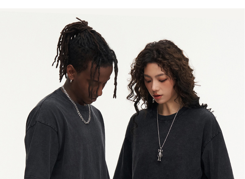 男士T恤230克酸洗炒雪花宽松做旧复古水洗短袖男纯棉t恤落肩欧码详情16