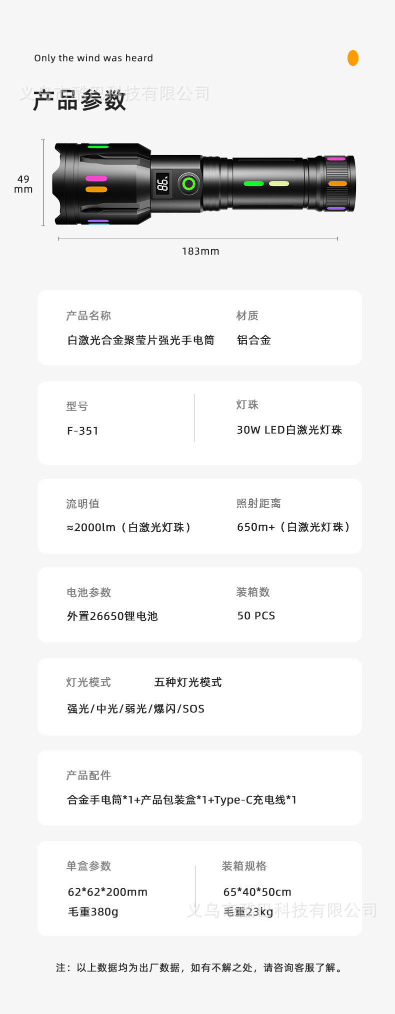 亚马逊强光变焦多功能手电Type-C充电荧光条数字电显白激光手电筒详情10