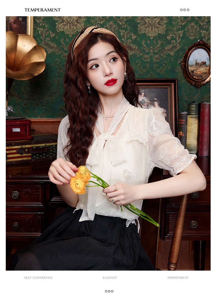 2024年夏季女装高级感蕾丝雪纺衬衫女设计感小众别致蝴蝶结衬衣详情4