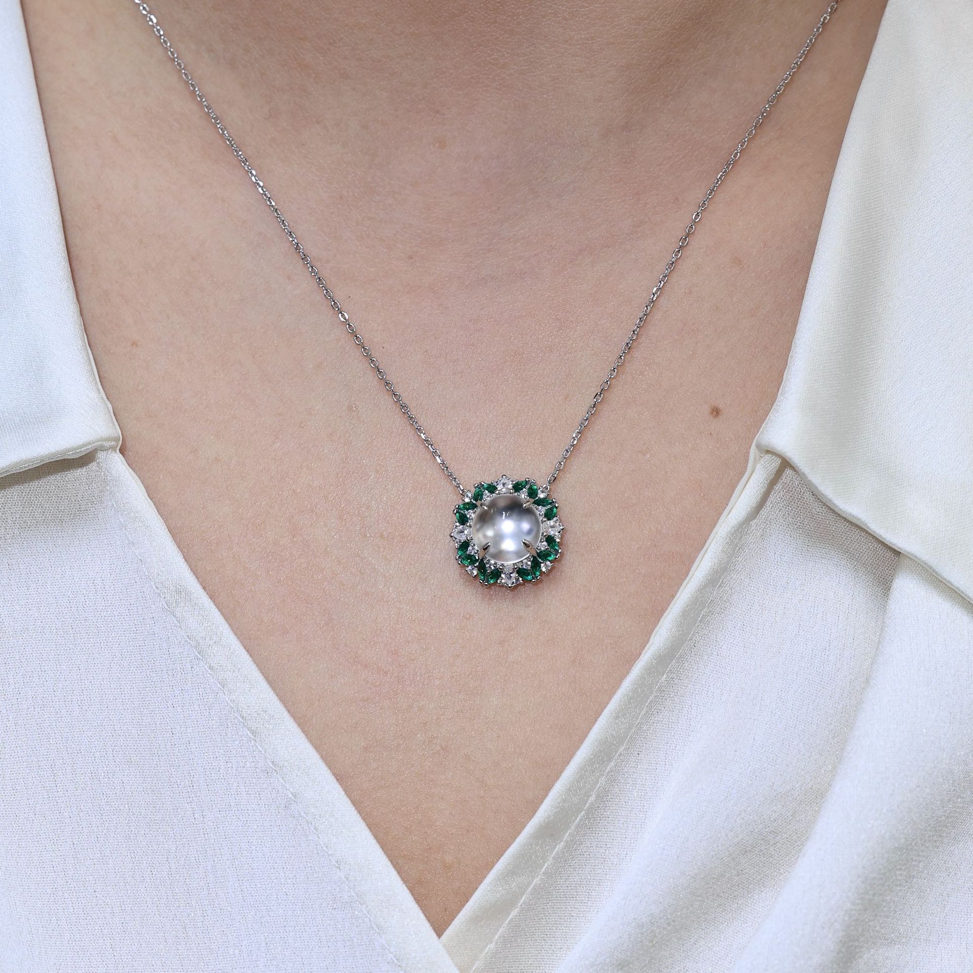 新中式国风蛋面天然水沫玉项链戒指套装S925银祖母绿宝石吊坠饰品礼盒详情7