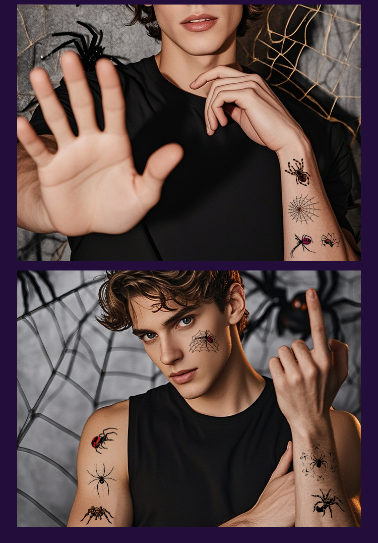 跨境新款防水汗搞怪3D立体蜘蛛纹身贴纸 蜘蛛网万圣节纹身贴详情4