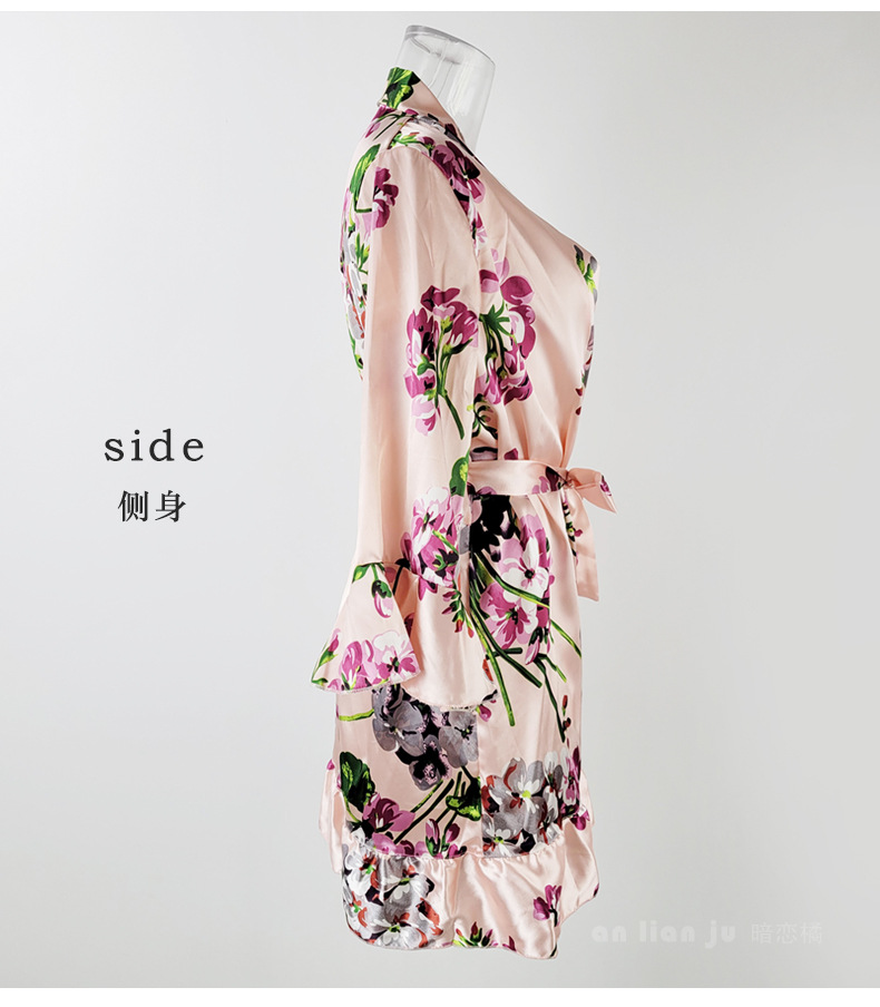 Amazon cross-border Sardinian printed leaf-edge pajamas for women, summer silk bathrobes and bathrobes for home wear 6057 pic 25