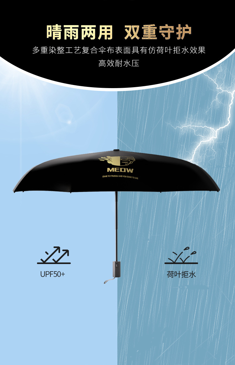 原创插画风折叠自动伞加厚加固厂家批发3折伞商务遮阳防晒黑胶伞详情5