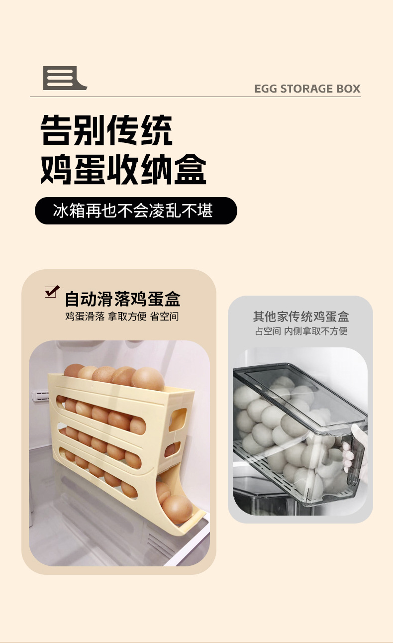 跨境滑梯鸡蛋收纳盒家用冰箱侧门自动滚蛋厨房鸡蛋盒防摔鸡蛋架托详情2