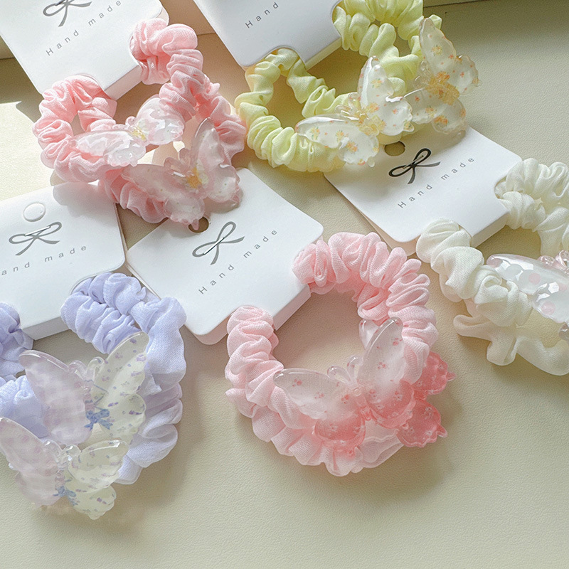 2 pieces of summer ice-transparent butterfly-colored small intestine hair bands, super fairy-like double ponytail elastic hair strings and hair accessories pic 1