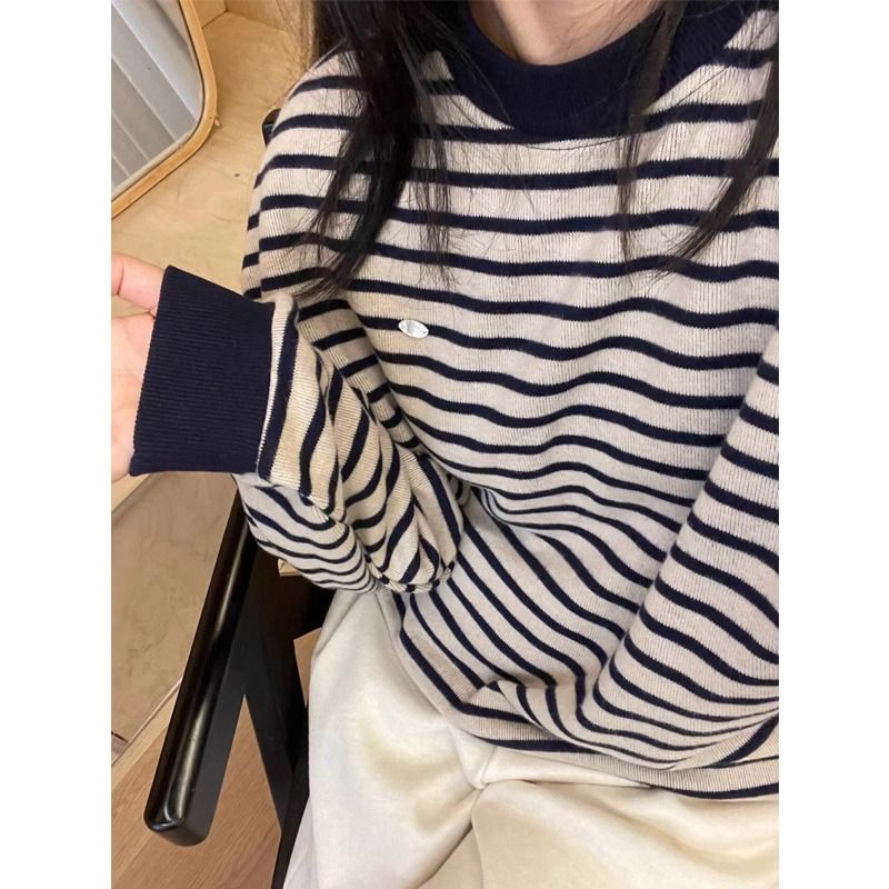 复古条纹长袖大码卫衣女秋冬新款韩版宽松慵懒风外套加厚百搭上衣详情1