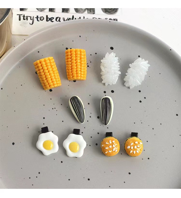 Super cute simulation food mini clips, strange hair clips, funny food, rice, poached eggs, corn and melon seed clips pic 6