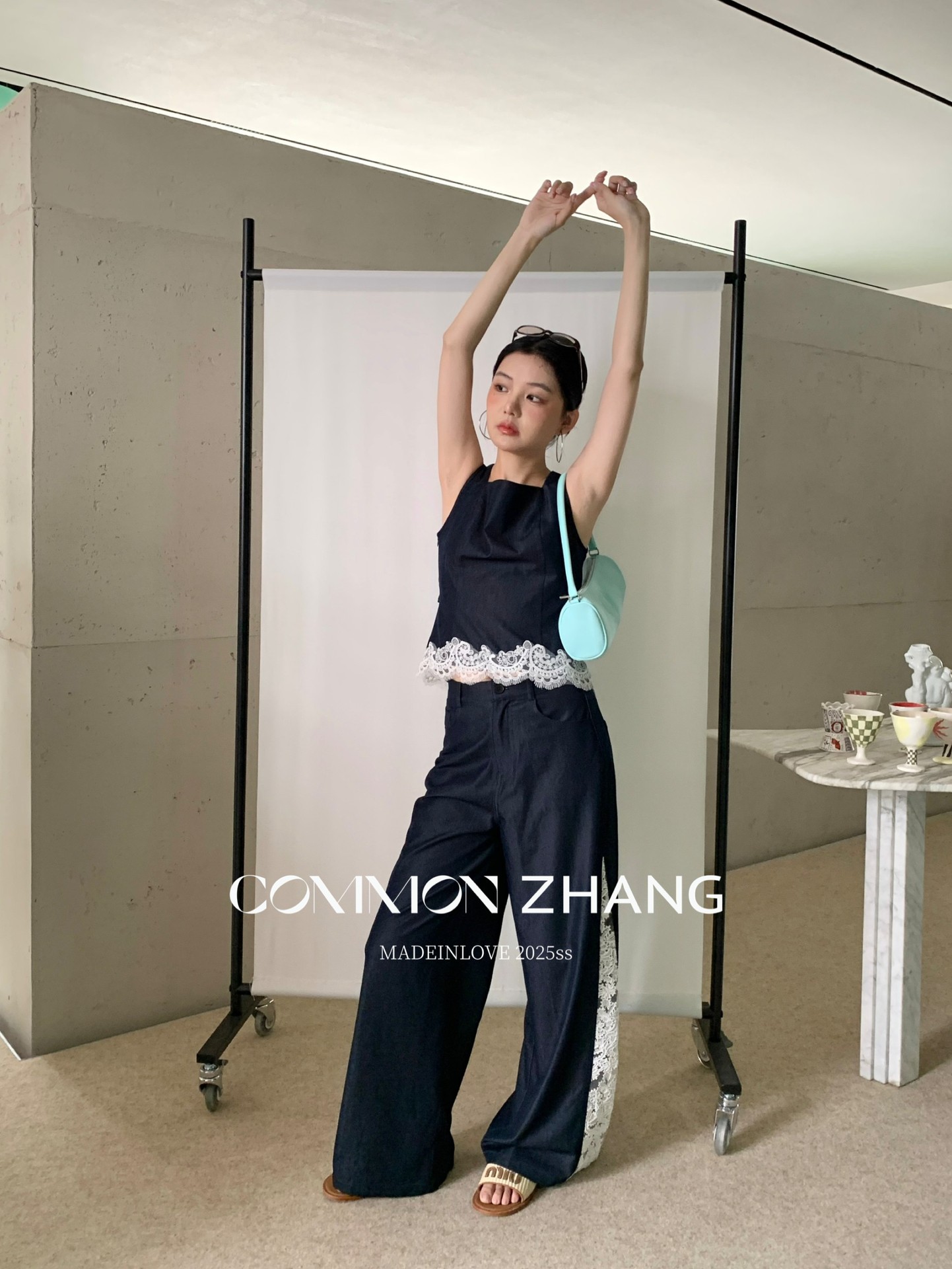 CZ ZHANG Summer French niche lace patchwork with cutout texture, low-waisted wide-leg drape casual pants B24032 pic 15