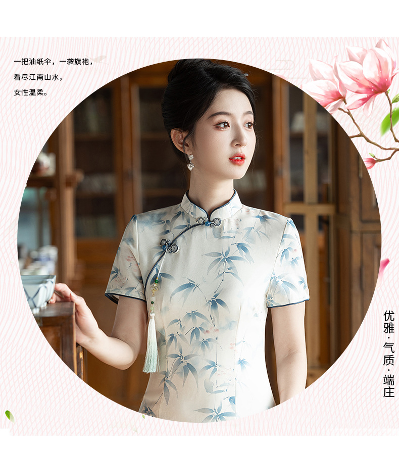 Fresh and elegant bamboo leaf long double-layer style slimming cheongsam short-sleeved new Chinese-style stand-up collar 2025 Summer new style pic 11
