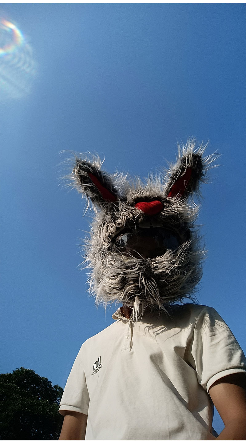A niche rabbit-shaped personalized riding cartoon plush helmet, headgear, motorcycle face mask, long-haired hat decoration, and a street style pic 9