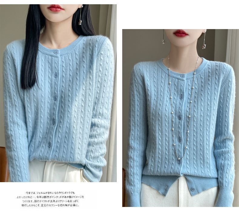 濮院100全羊毛针织毛衣女圆领麻花开衫羊绒外套韩系软糯外穿上衣详情27