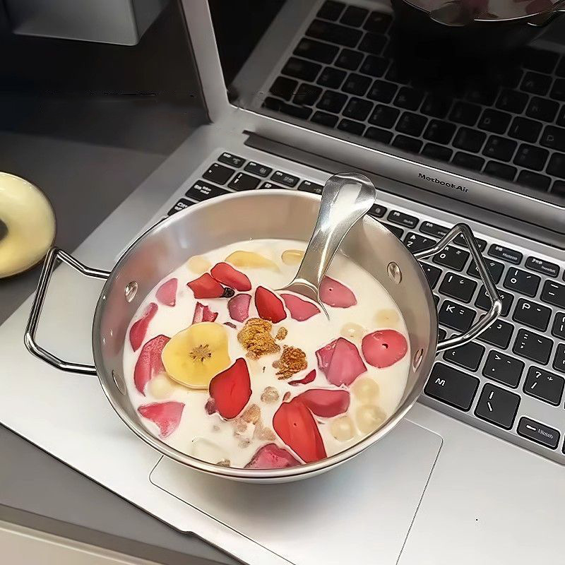 韩式不锈钢双耳燕麦碗大头勺套装 简约美观牛奶沙拉早餐碗 罐勺碗碟盘一应俱全详情3