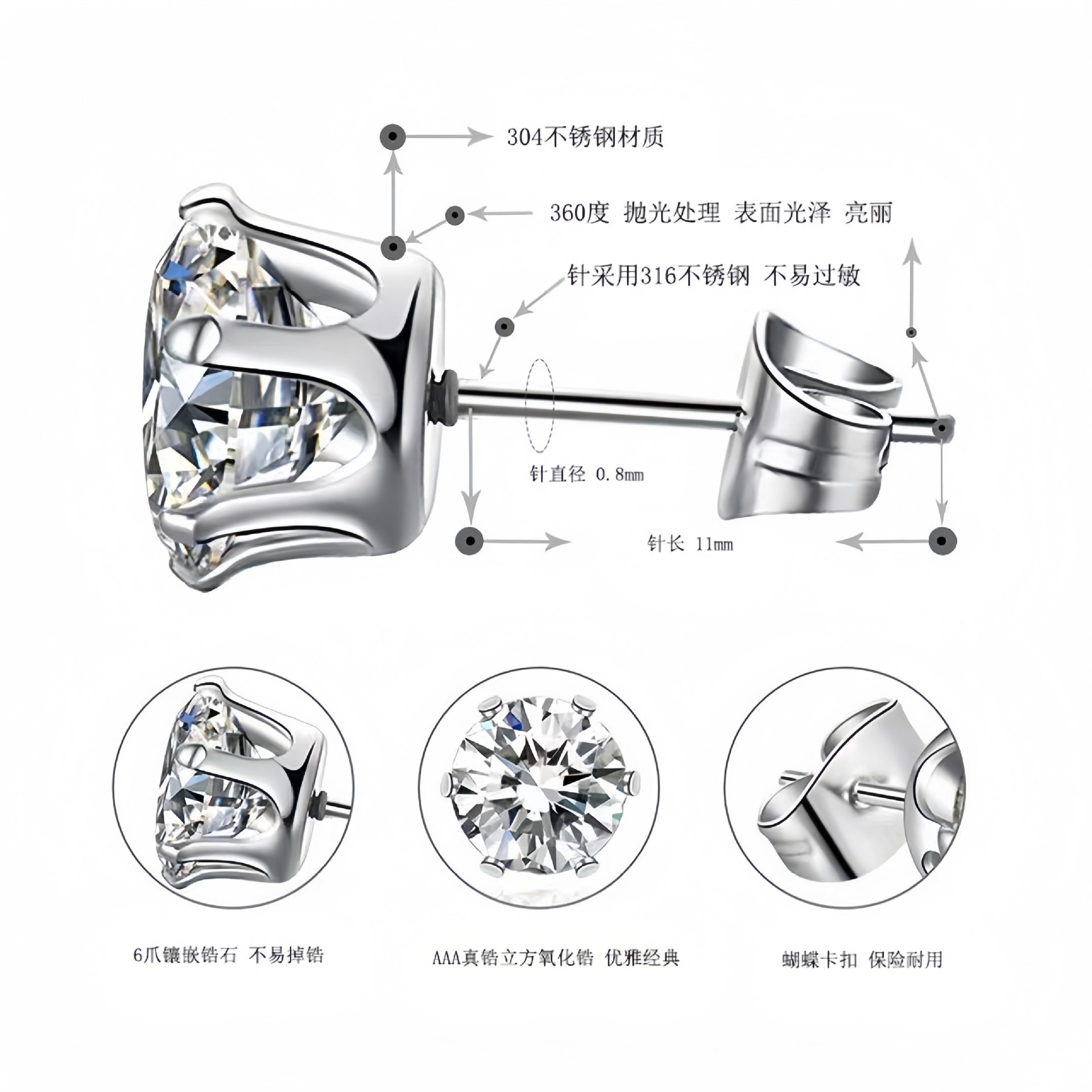 Wholesale of cross-border stainless steel six-prong ear studs, butterfly clasp, classic crown studded with diamonds, round zircon, European and American titanium steel earrings pic 5