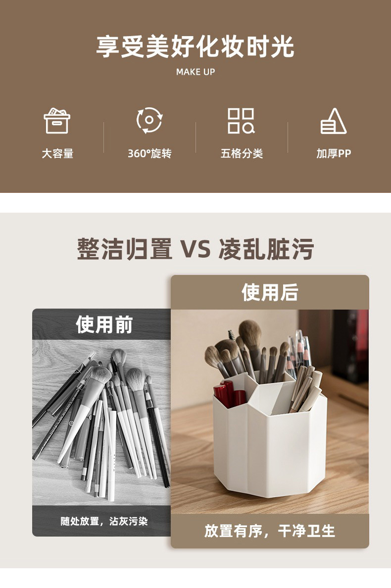 旋转化妆刷收纳桶日式防尘桌面透明美妆刷子化妆品收纳盒笔筒批发详情4