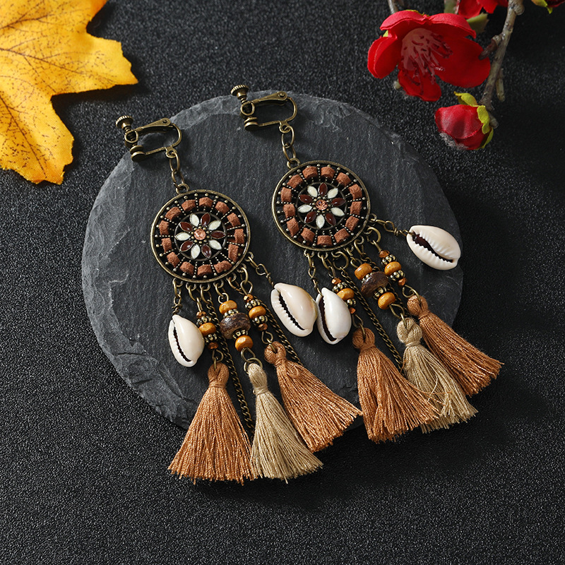 螺旋无痛耳夹女民族风复古长款流苏耳坠波西米亚耳环无耳洞耳饰品详情8