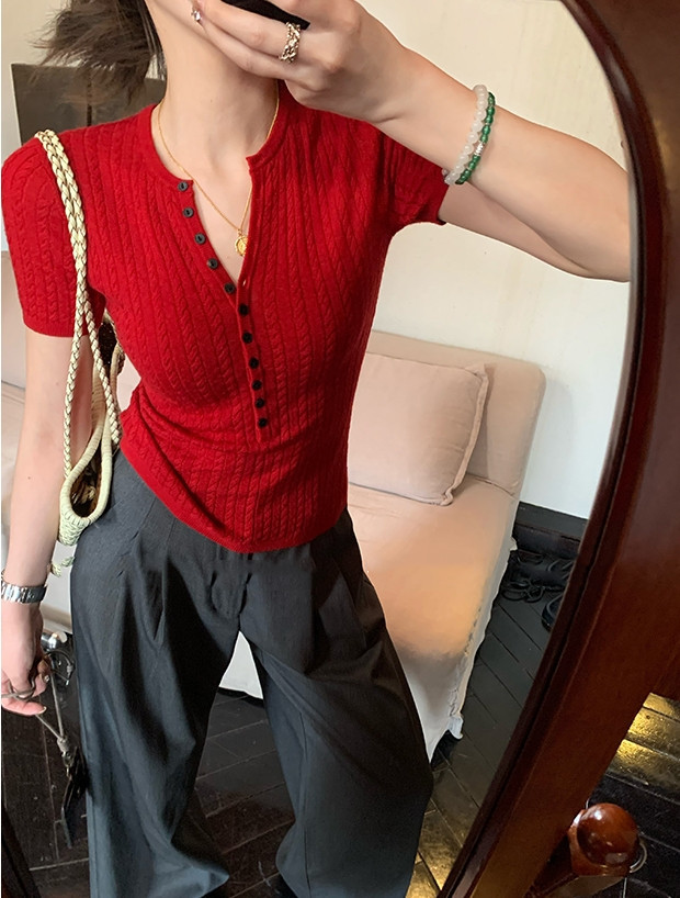 随性老钱风！夏季新款纯色短袖修身针织衫女简约v领红色上衣t恤详情3