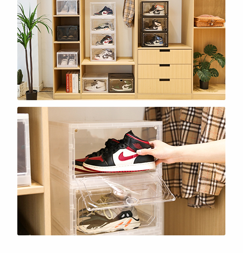 Non-assembly magnetic side-opening basketball shoe box acrylic transparent storage. Fold and pull to use the transparent shoe box pic 28