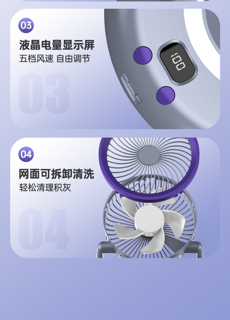 多功能伸缩折叠灯光风扇 USB充电办公家用露营台挂两用对流循环风扇抖音爆款详情30