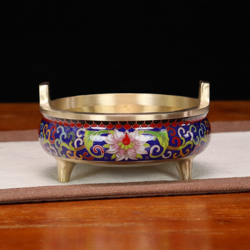Wholesale of cloisonne incense burners and Buddhist utensils in stock. Traditional cast copper cloisonne low-temperature enamel antique straight ear burners pic 17