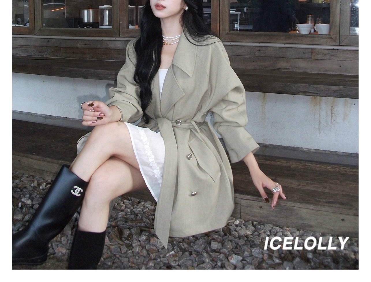 ICELOLLY巨好看收腰风衣外套女2025新款早秋小个子中长款大衣详情5
